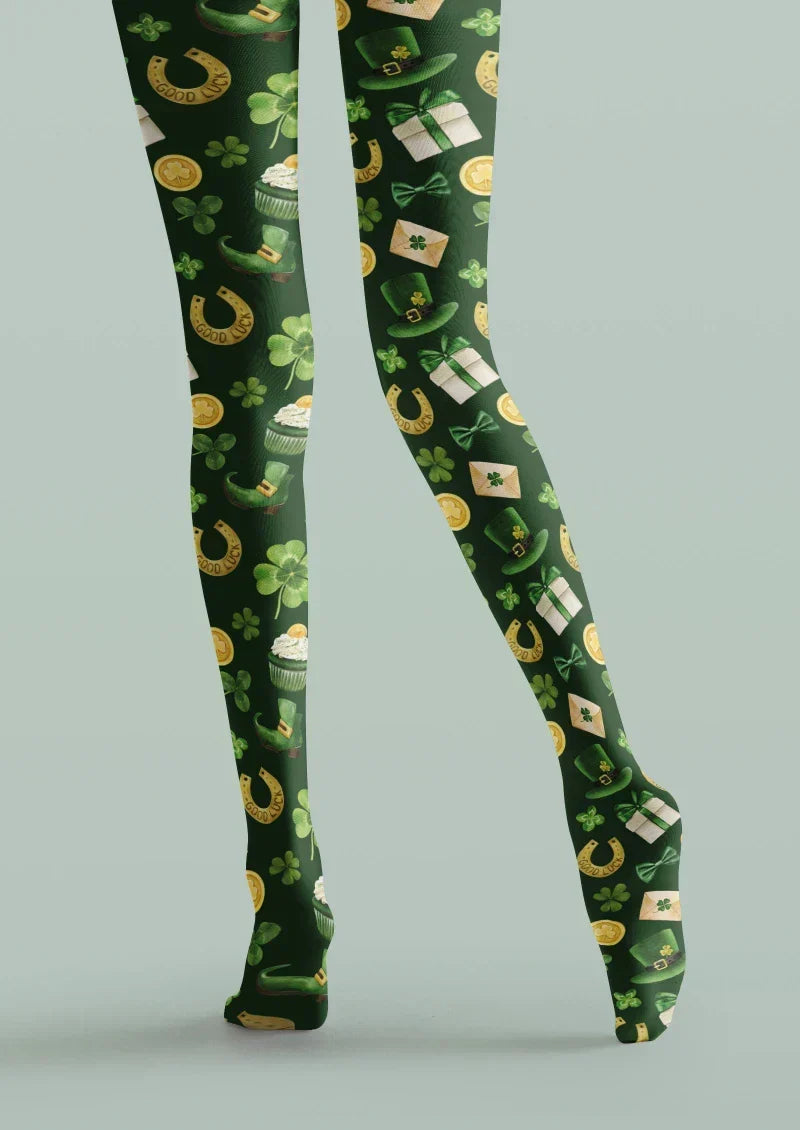 Green Gold Clover Graphic Tights Hosiery Pantyhose