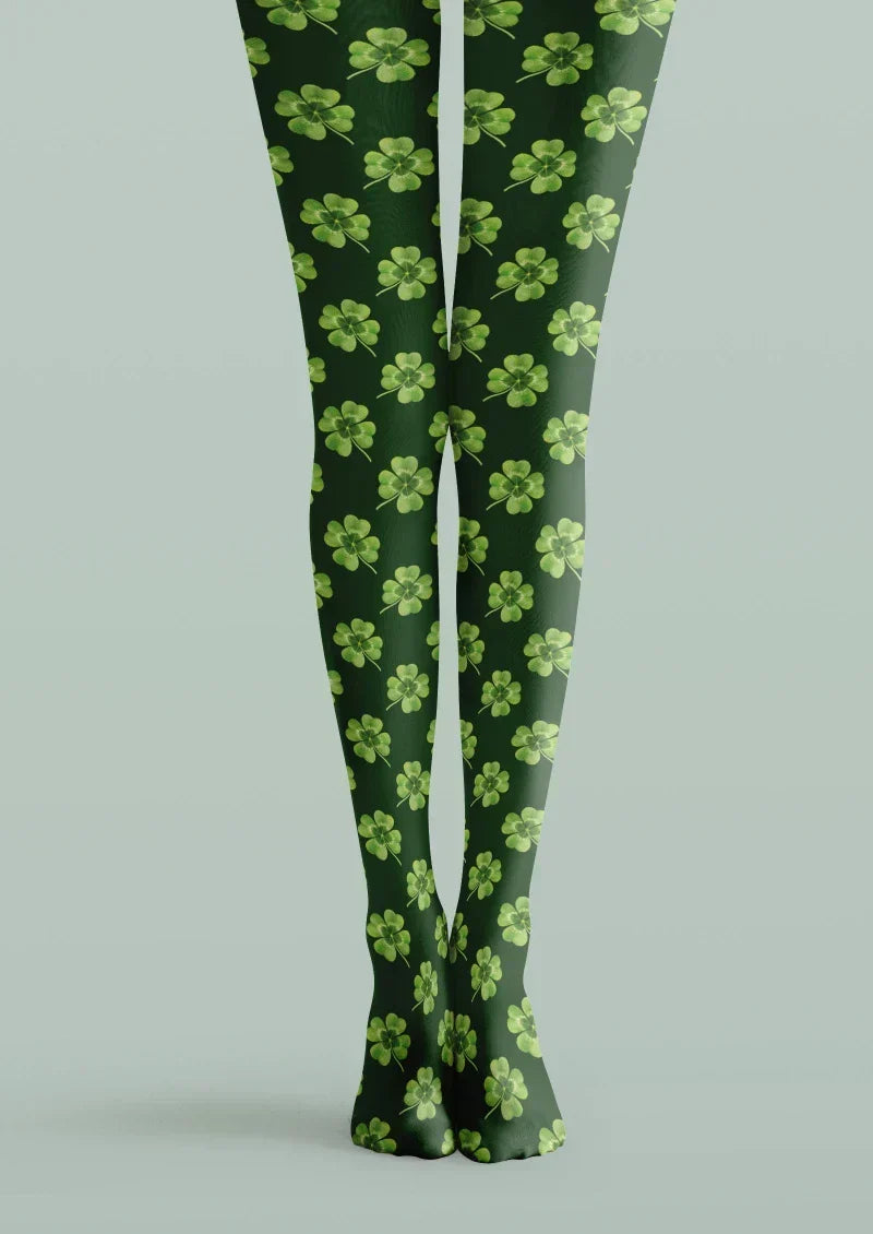 Green White Clover Graphic Tights Hosiery Pantyhose
