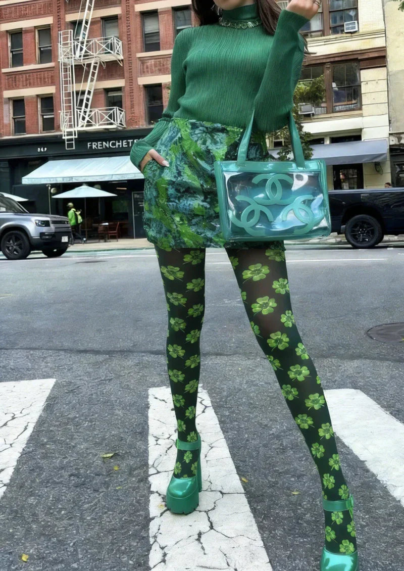 Green White Clover Graphic Tights Hosiery Pantyhose