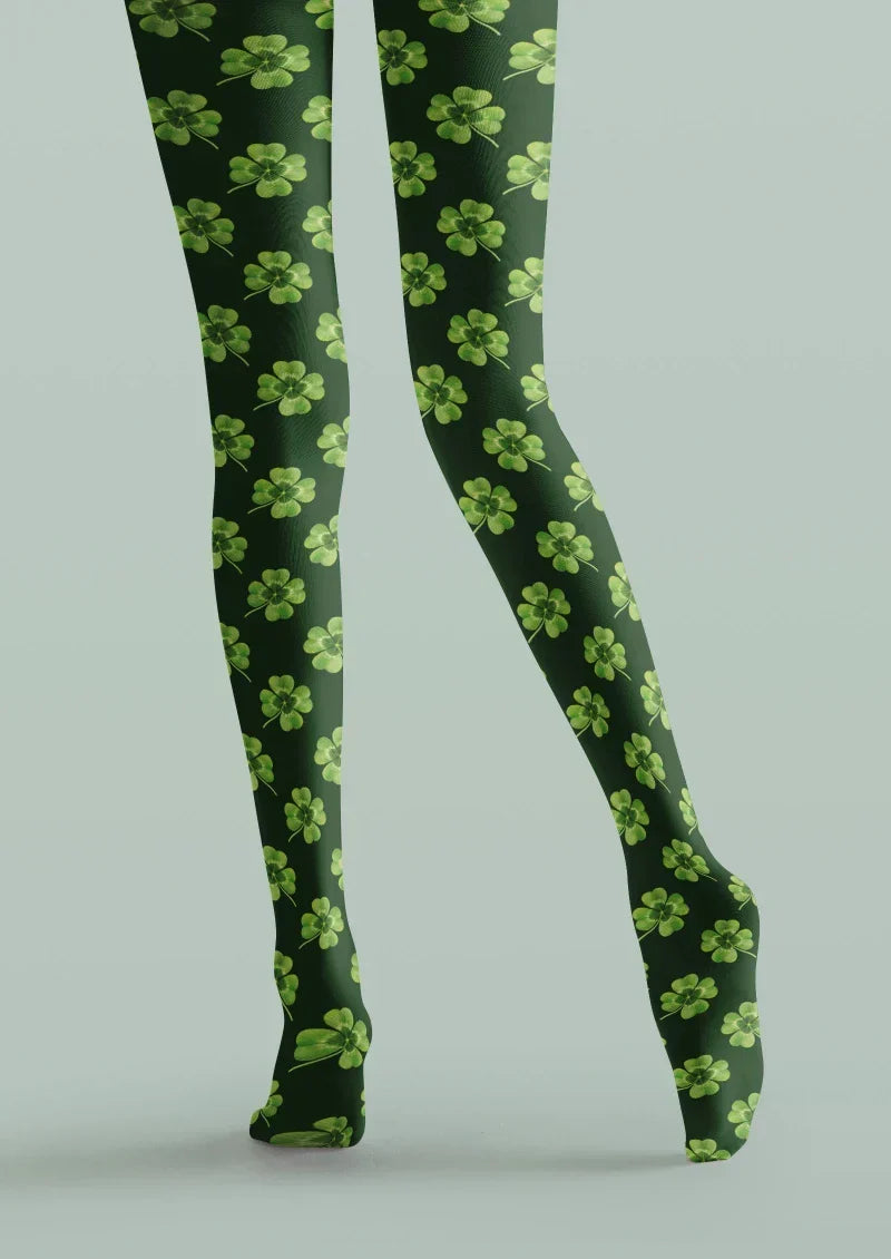 Green White Clover Graphic Tights Hosiery Pantyhose
