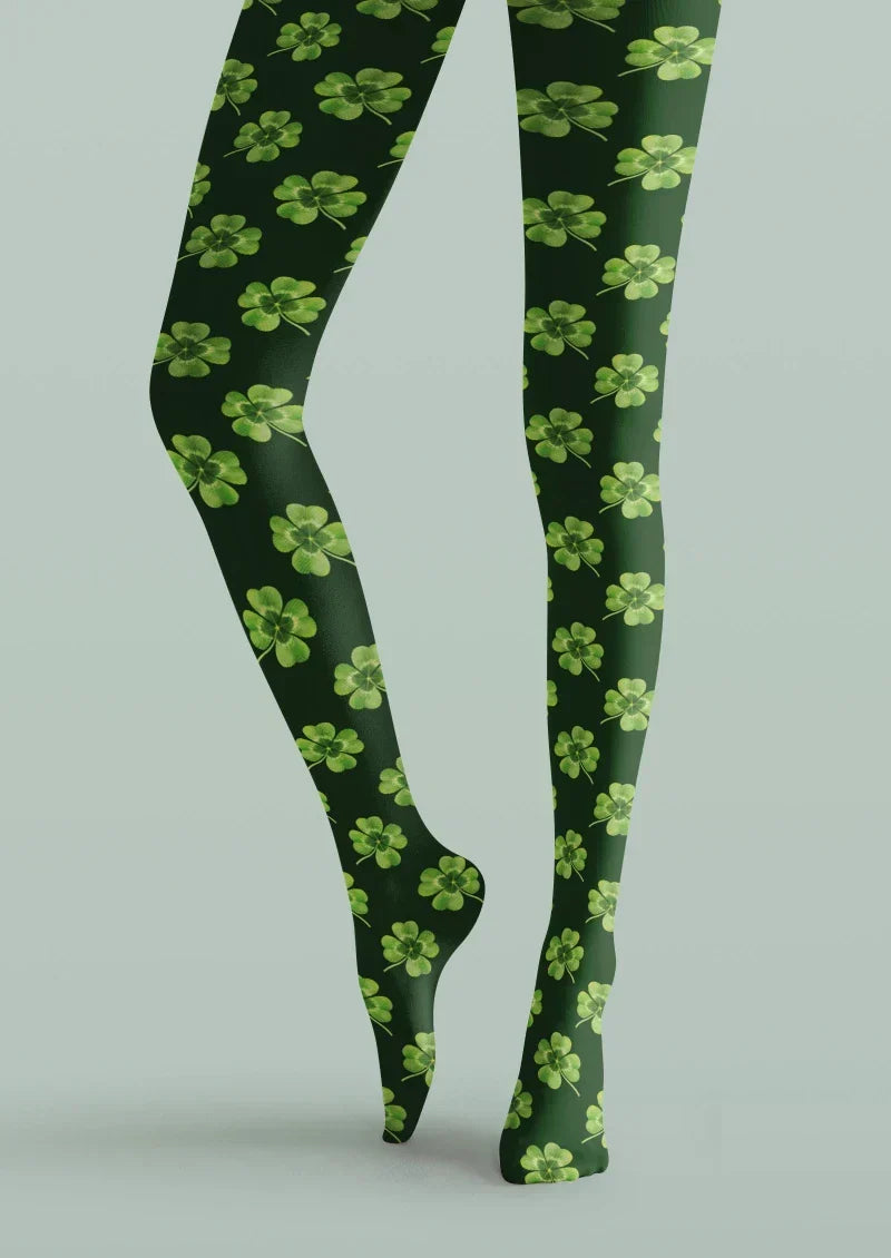Green White Clover Graphic Tights Hosiery Pantyhose