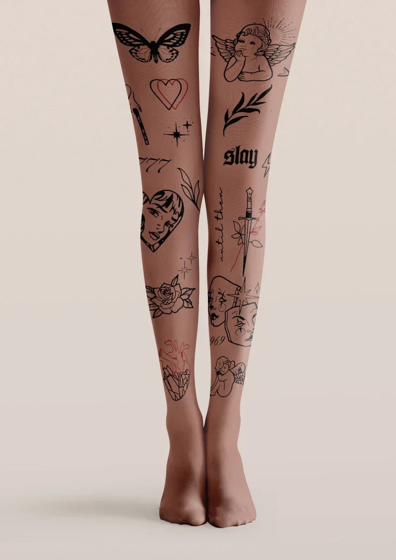 Front view of Brown Tattoo Graphic Tights