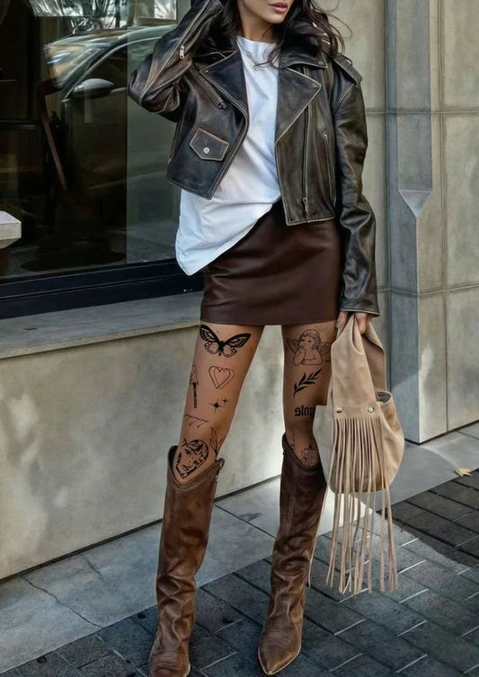 Brown Tattoo Graphic Tights Hosiery Pantyhose