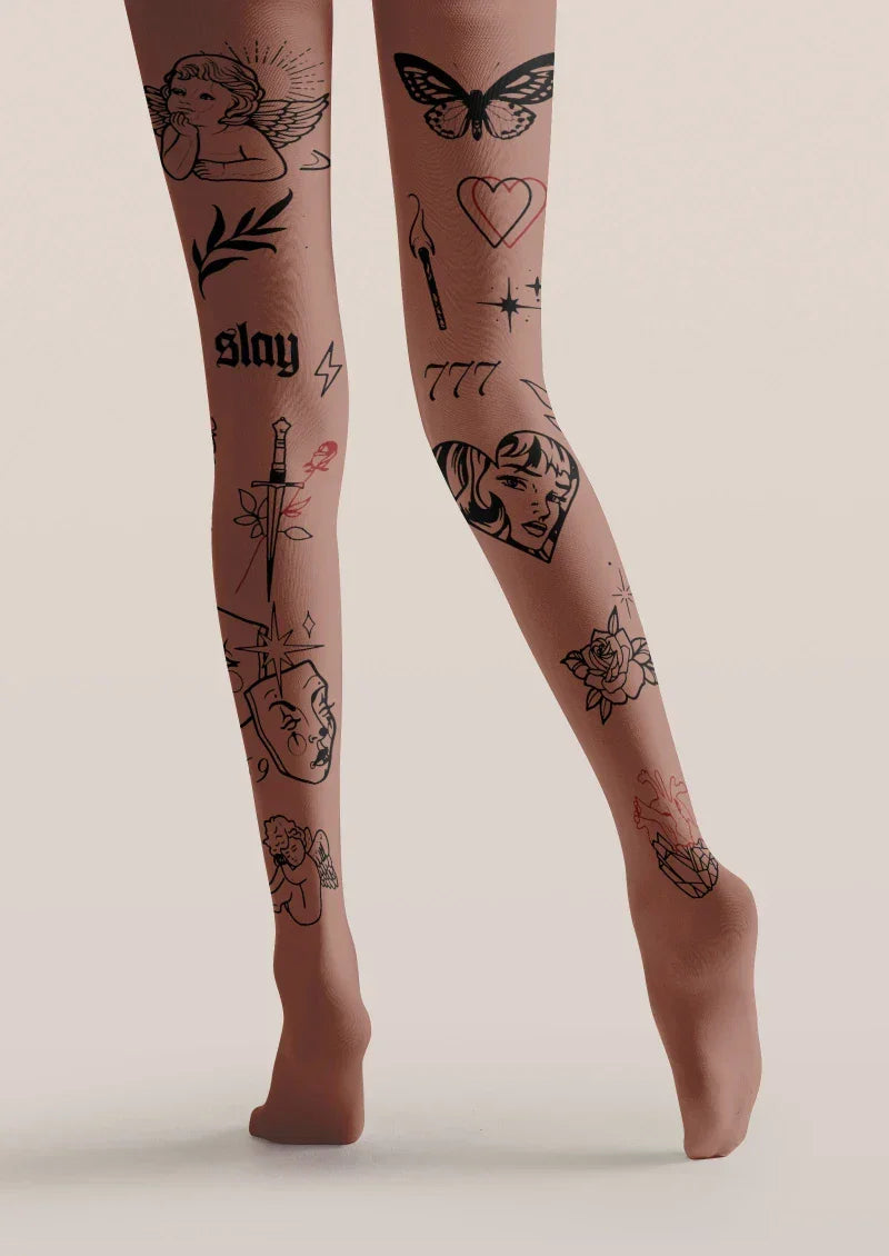 Brown Tattoo Graphic Tights Hosiery Pantyhose