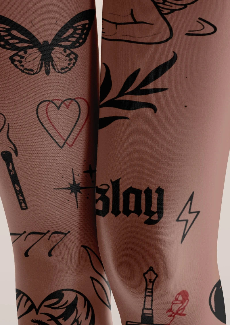 Brown Tattoo Graphic Tights Hosiery Pantyhose