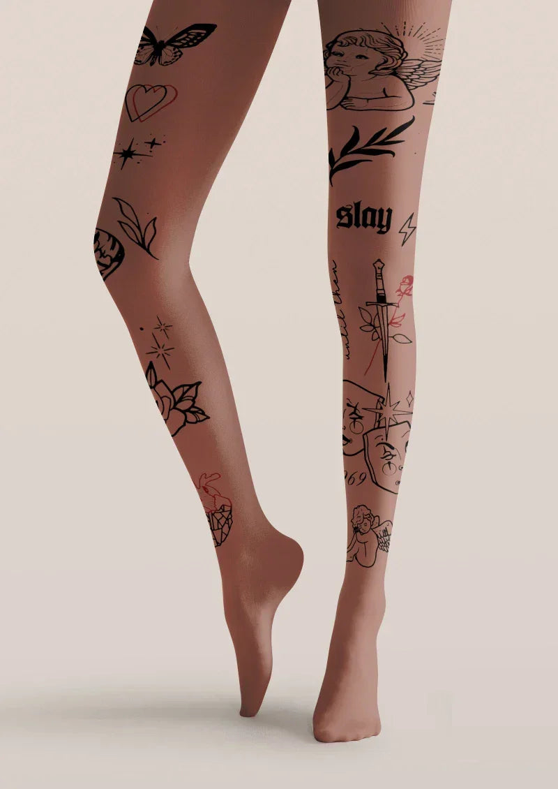 Brown Tattoo Graphic Tights Hosiery Pantyhose