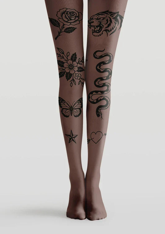 Brown Floral Tattoo Graphic Tights Hosiery Pantyhose