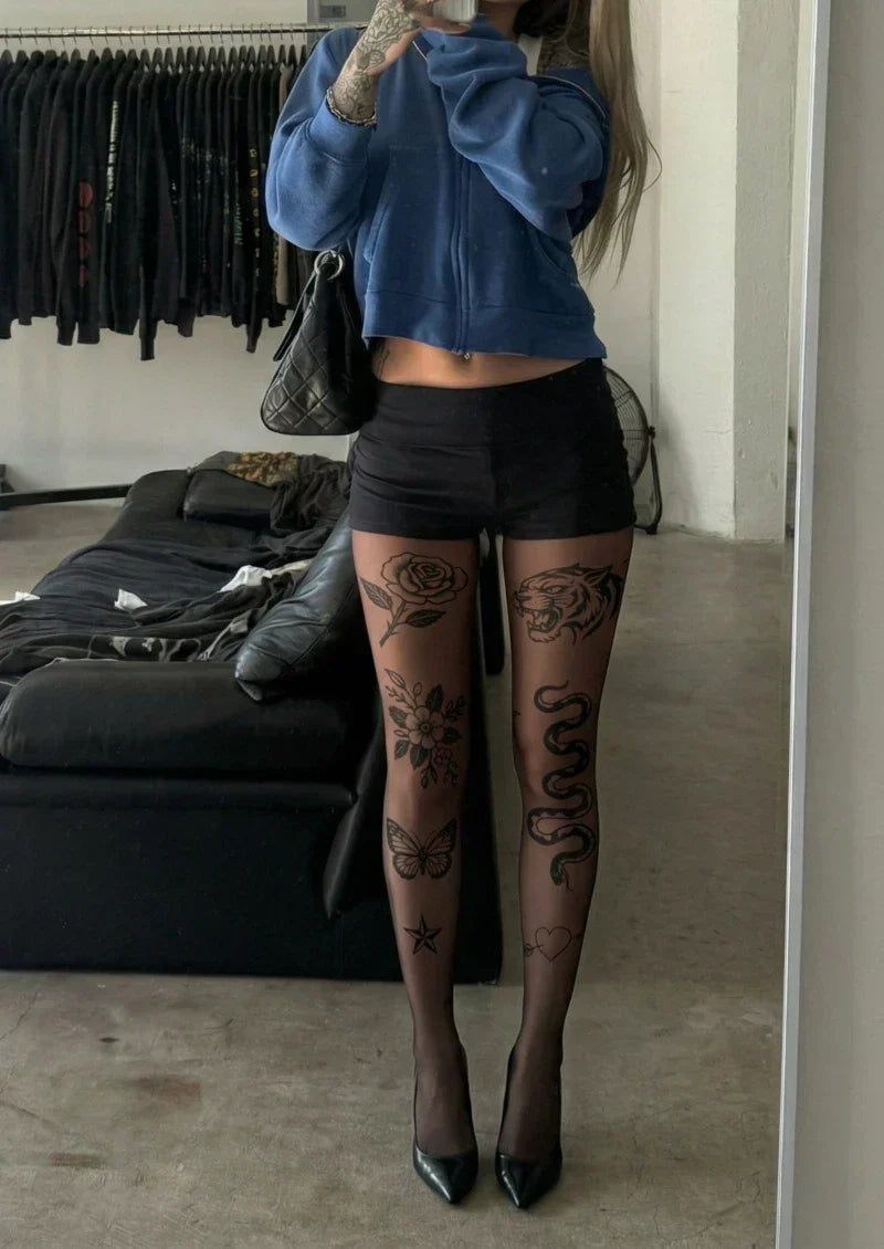 Brown Floral Tattoo Graphic Tights Hosiery Pantyhose