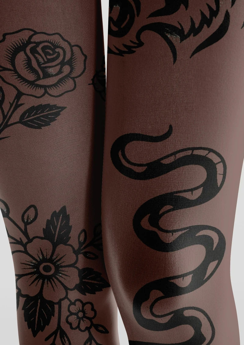 Brown Floral Tattoo Graphic Tights Hosiery Pantyhose