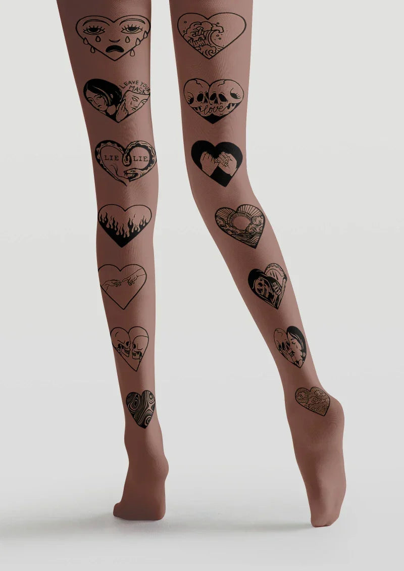 Brown Heart Tattoo Graphic Tights Hosiery Pantyhose