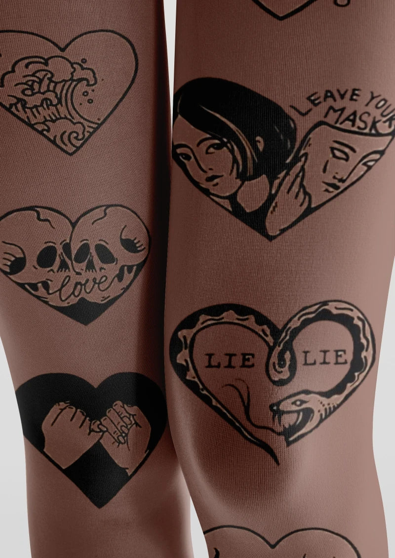 Brown Heart Tattoo Graphic Tights Hosiery Pantyhose