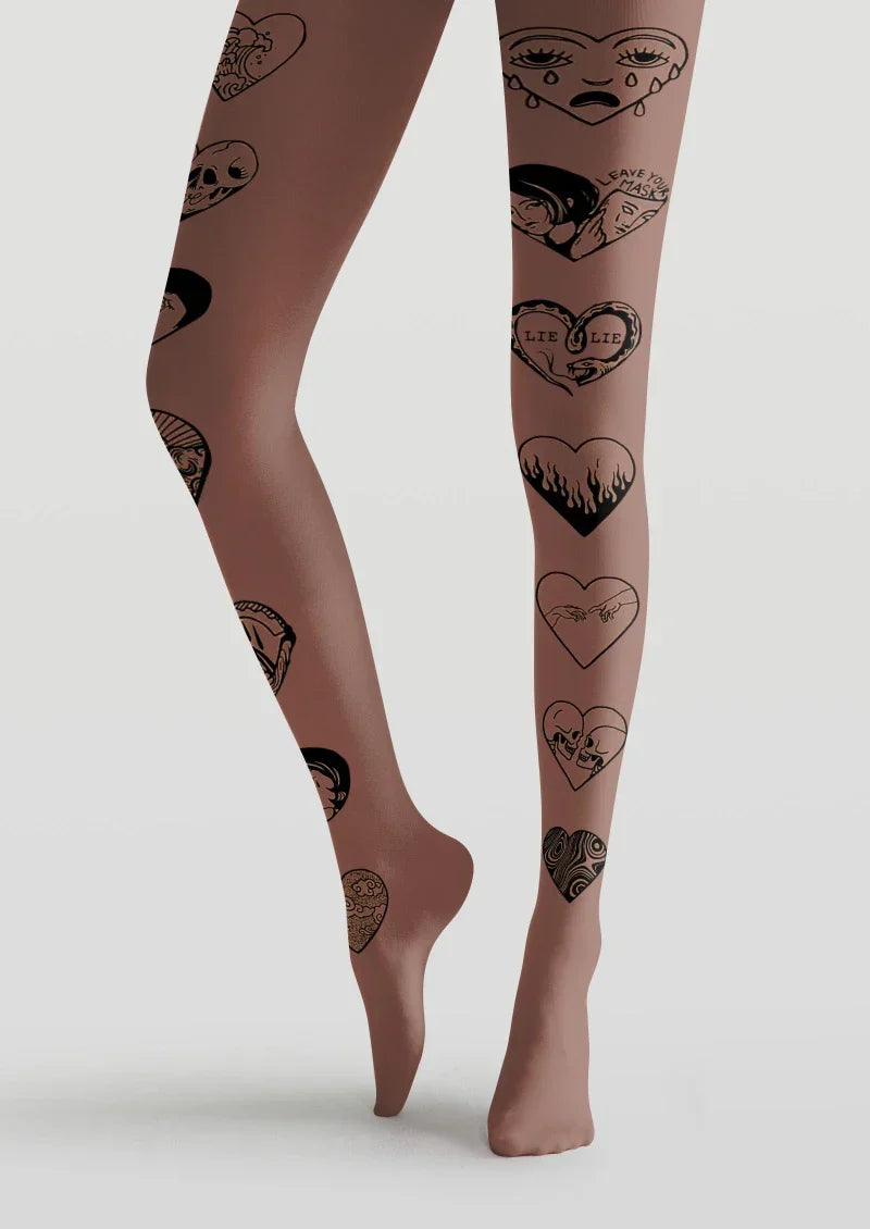 Brown Heart Tattoo Graphic Tights Hosiery Pantyhose
