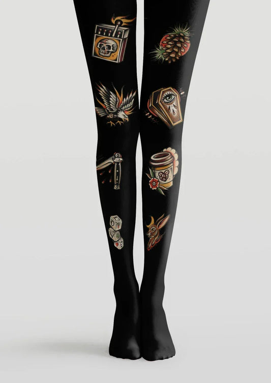 Black Gold Tattoo Graphic Tights Hosiery Pantyhose
