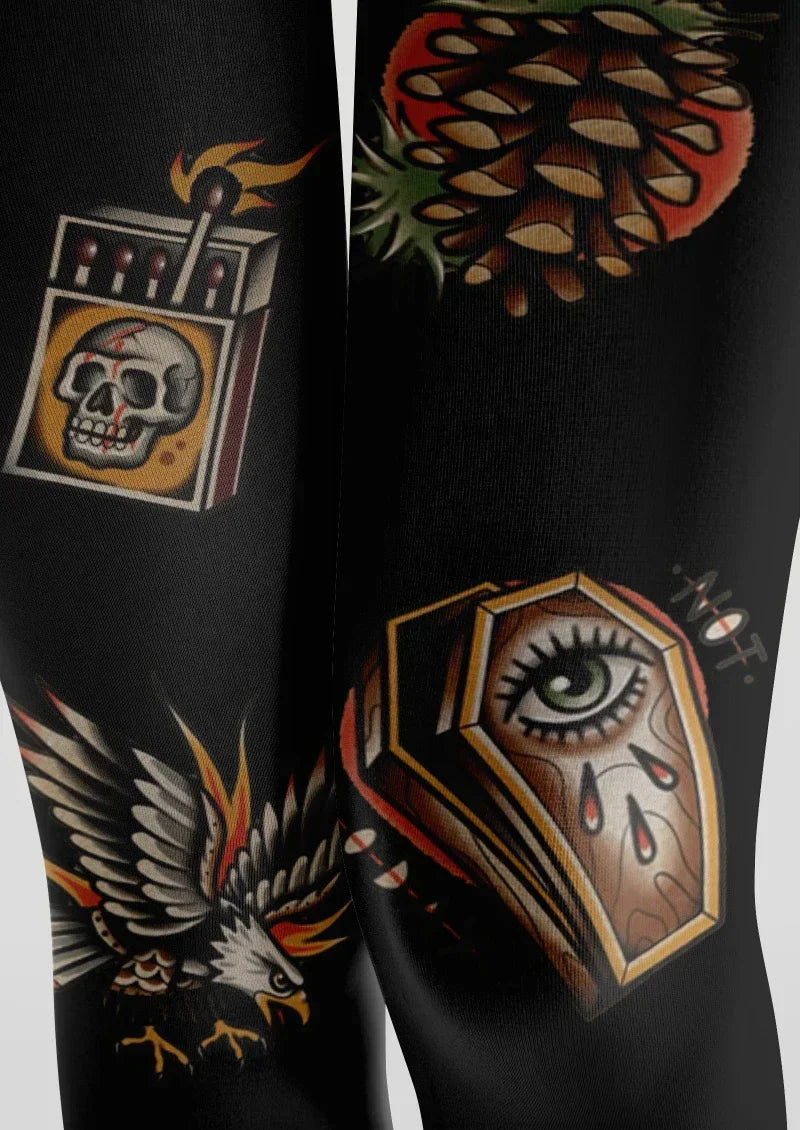 Black Gold Tattoo Graphic Tights Hosiery Pantyhose
