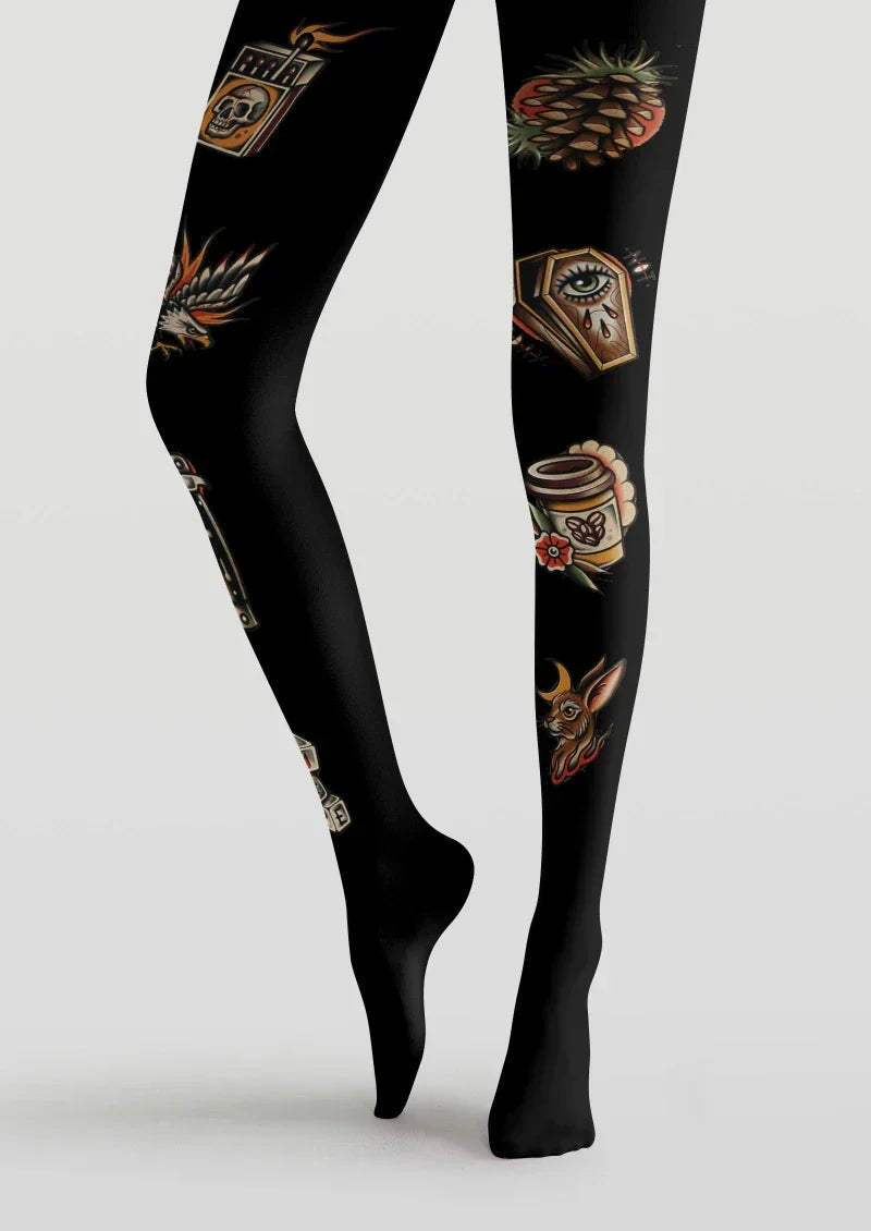 Black Gold Tattoo Graphic Tights Hosiery Pantyhose