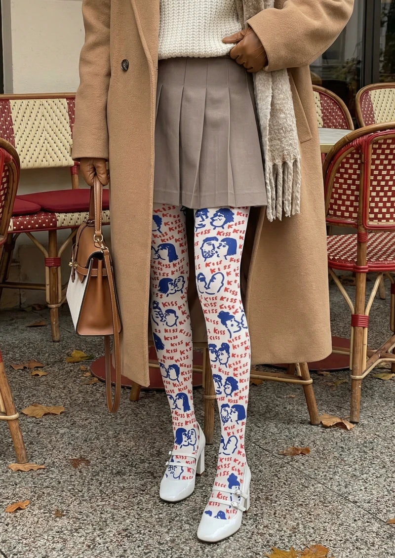 White Blue Red Cartoon Graphic Tights Hosiery Pantyhose
