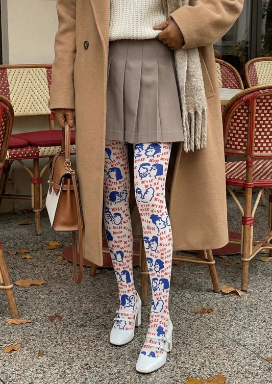 White Blue Red Cartoon Graphic Tights Hosiery Pantyhose