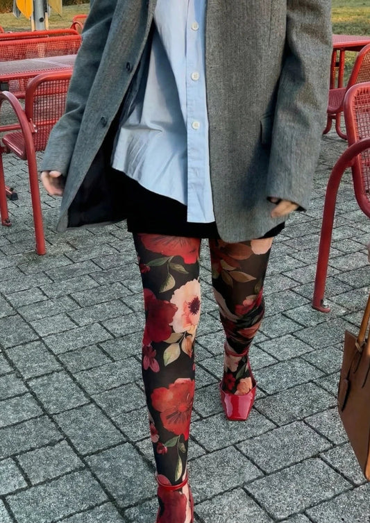 Black Red Floral Print Tights Hosiery Pantyhose