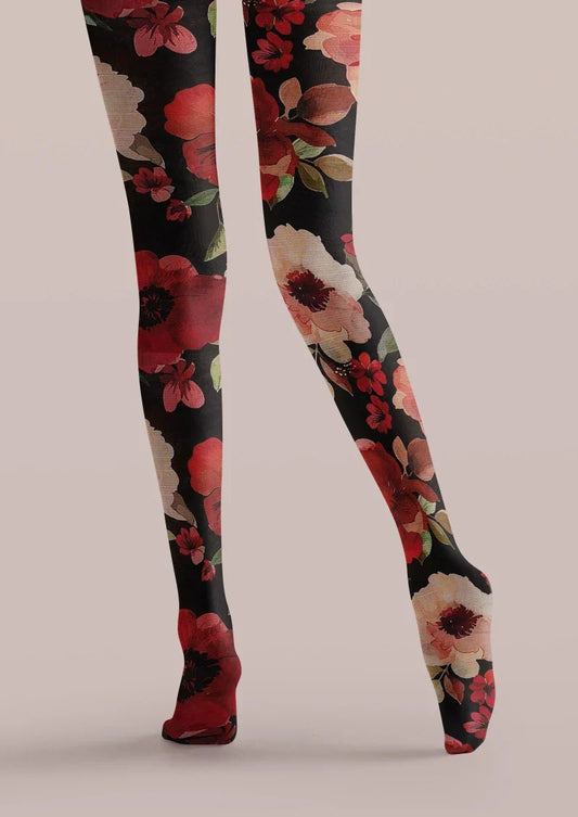 Black Red Floral Print Tights Hosiery Pantyhose