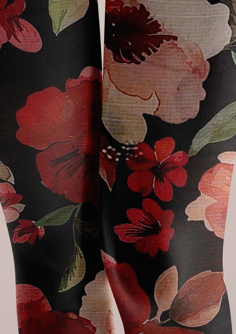 Black Red Floral Print Tights Hosiery Pantyhose