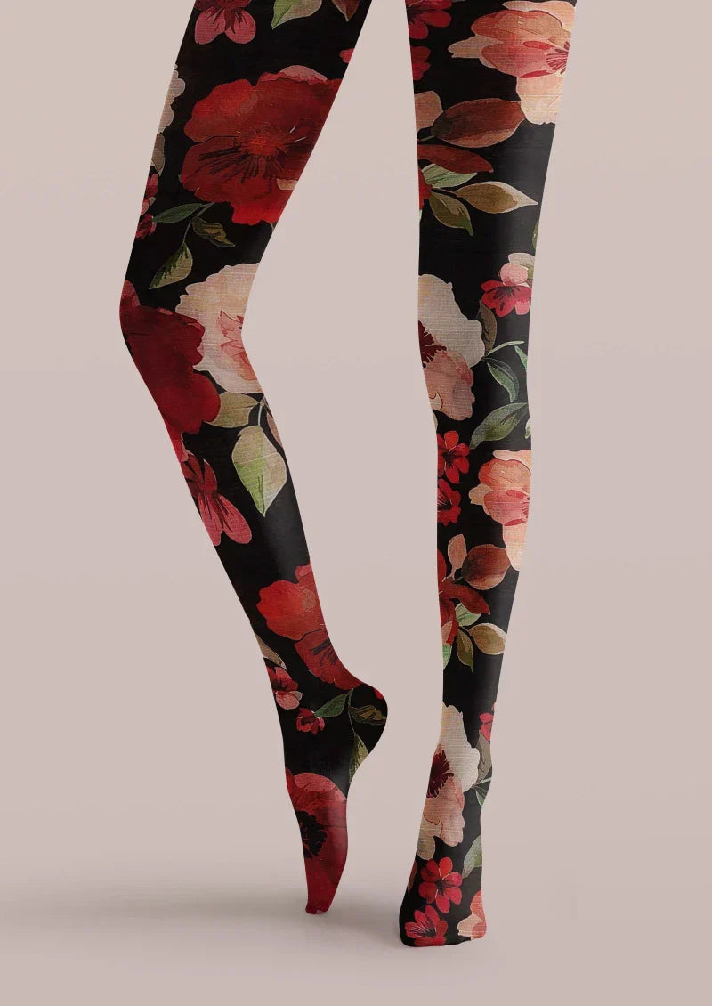 Black Red Floral Print Tights Hosiery Pantyhose