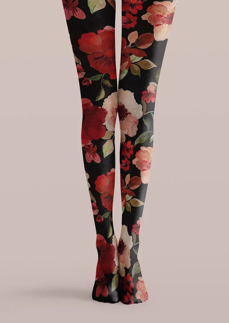 Black Red Floral Print Tights Hosiery Pantyhose