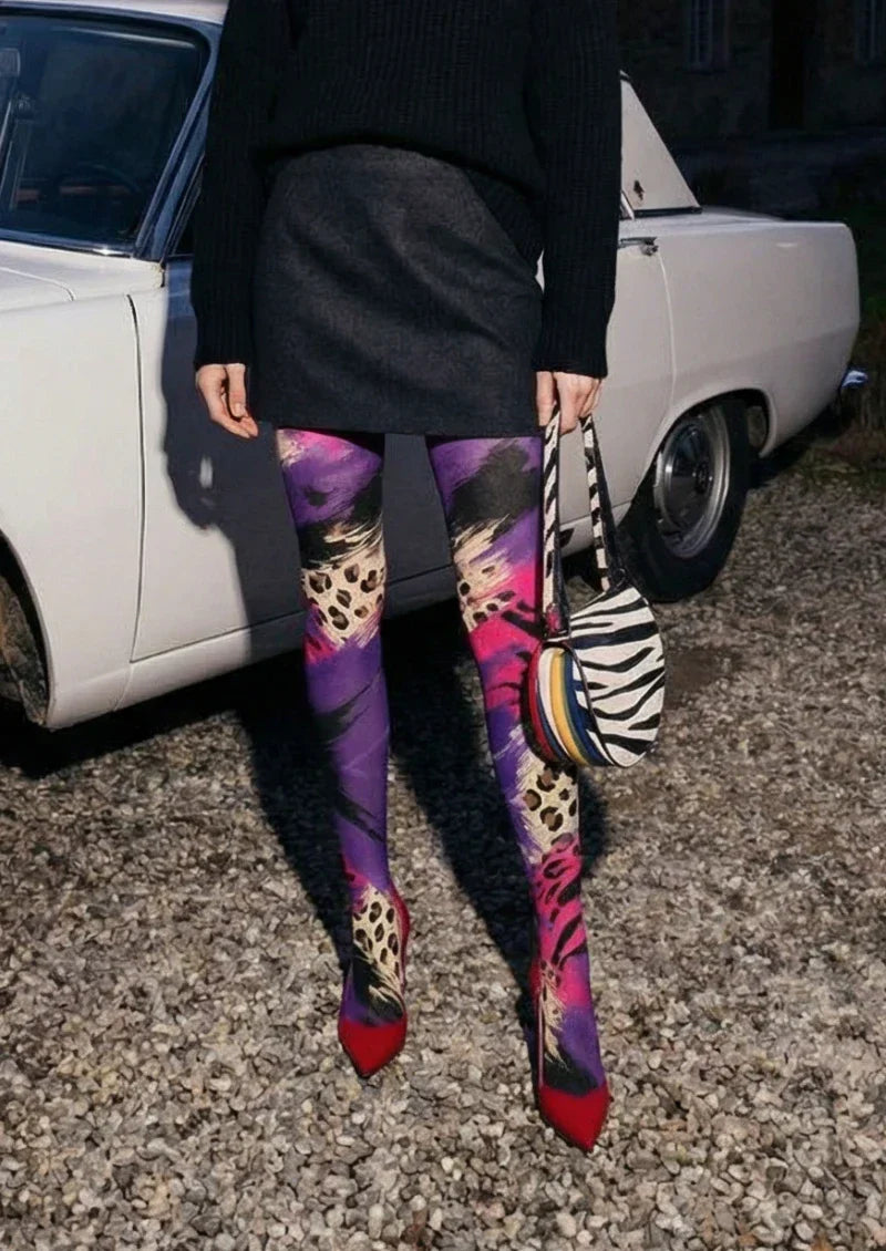 Purple Pink Skull Graphic Tights Hosiery Pantyhose