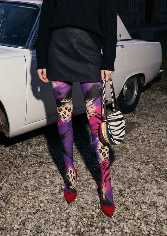 Purple Pink Skull Graphic Tights Hosiery Pantyhose
