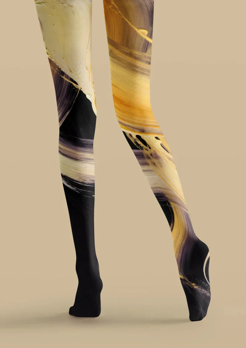 Yellow Black Abstract Art Tights Hosiery Pantyhose