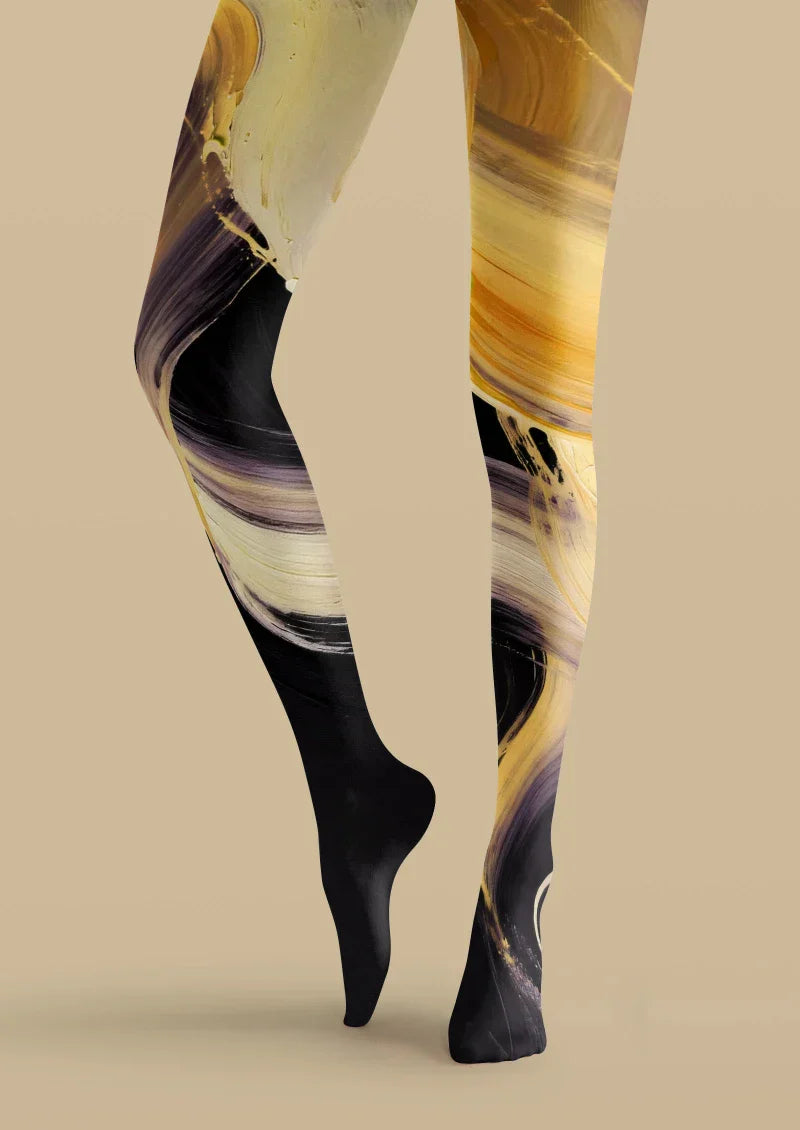 Yellow Black Abstract Art Tights Hosiery Pantyhose