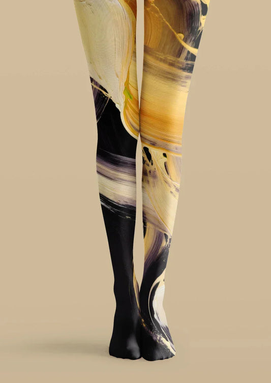 Yellow Black Abstract Art Tights Hosiery Pantyhose