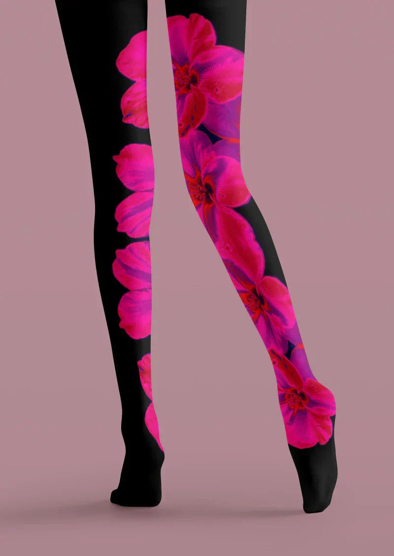 Black Pink Hibiscus Floral Tights Hosiery Pantyhose