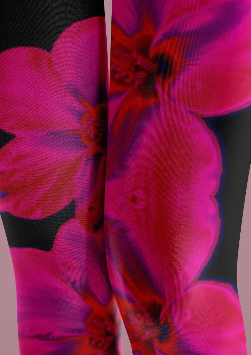 Black Pink Hibiscus Floral Tights Hosiery Pantyhose