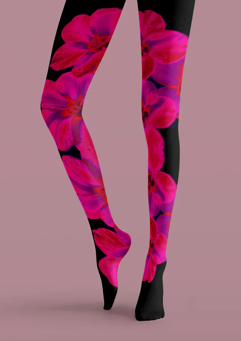 Black Pink Hibiscus Floral Tights Hosiery Pantyhose