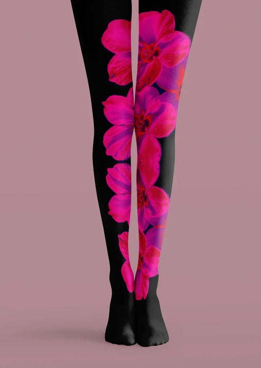 Black Pink Hibiscus Floral Tights Hosiery Pantyhose