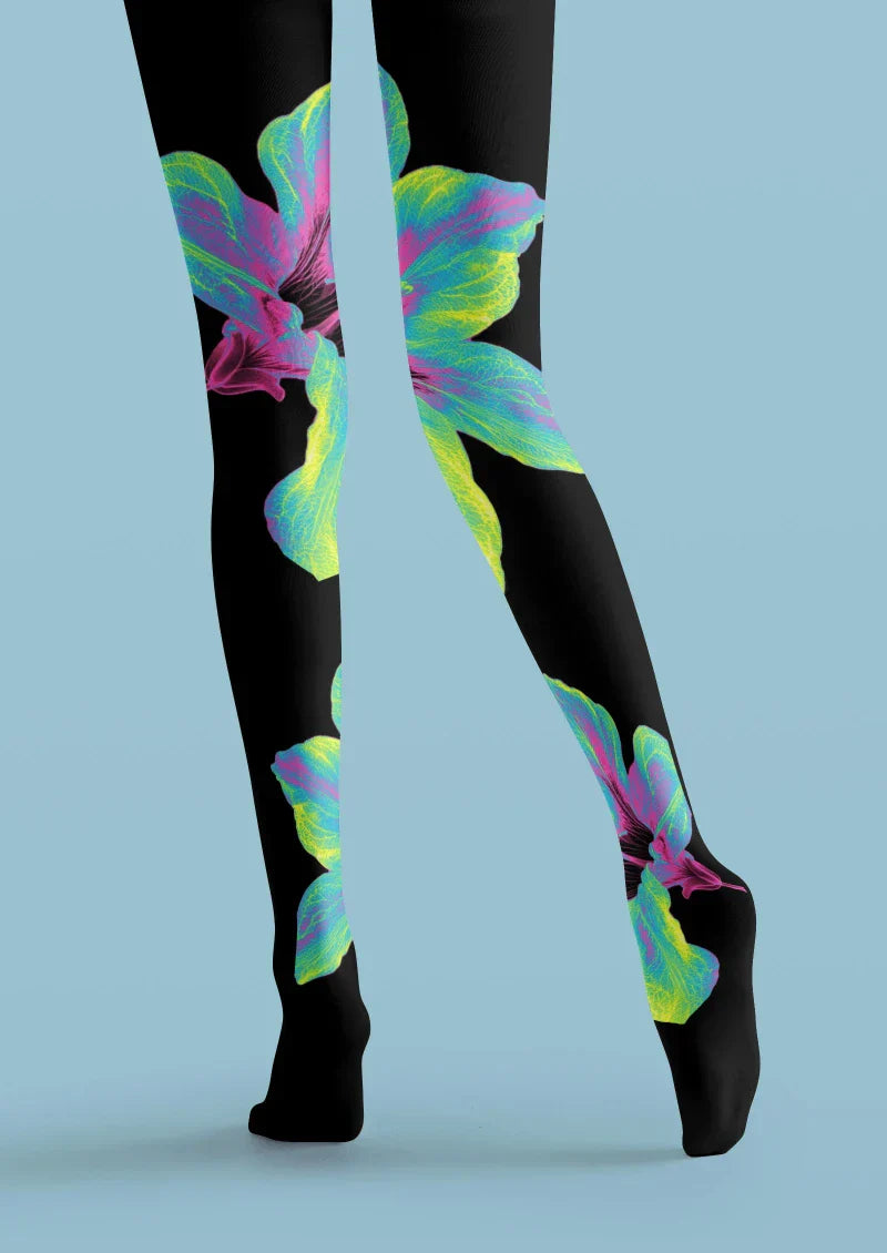 Black Colorful Leaf Floral Tights Hosiery Pantyhose