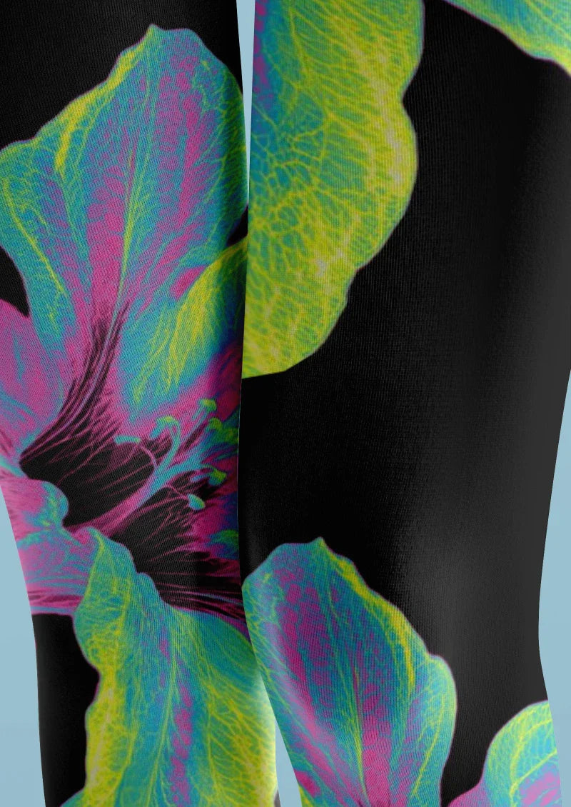 Black Colorful Leaf Floral Tights Hosiery Pantyhose