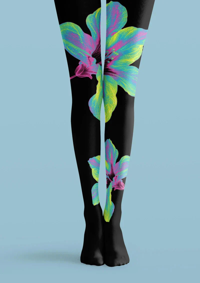 Black Colorful Leaf Floral Tights Hosiery Pantyhose