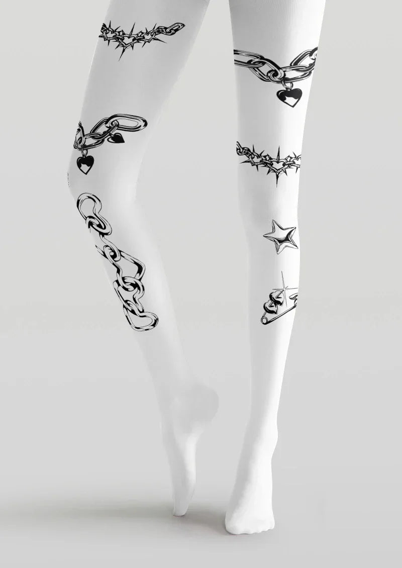 White Black Tattoo Graphic Tights Hosiery Pantyhose