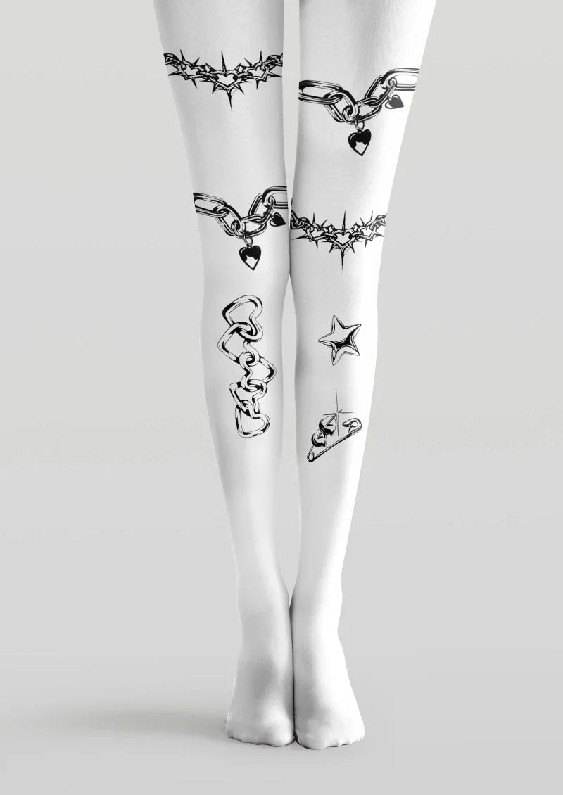 White Black Tattoo Graphic Tights Hosiery Pantyhose