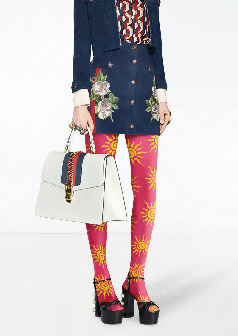 Red Yellow Sun Graphic Tights Hosiery Pantyhose
