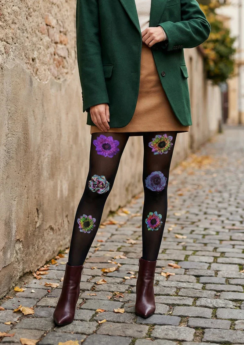 Black Purple Floral Print Tights Hosiery Pantyhose