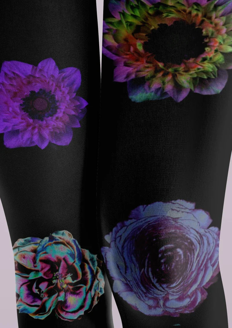 Black Purple Floral Print Tights Hosiery Pantyhose