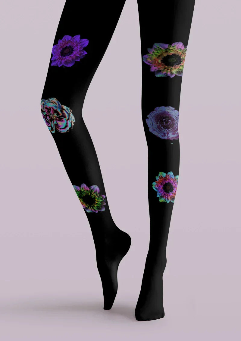 Black Purple Floral Print Tights Hosiery Pantyhose