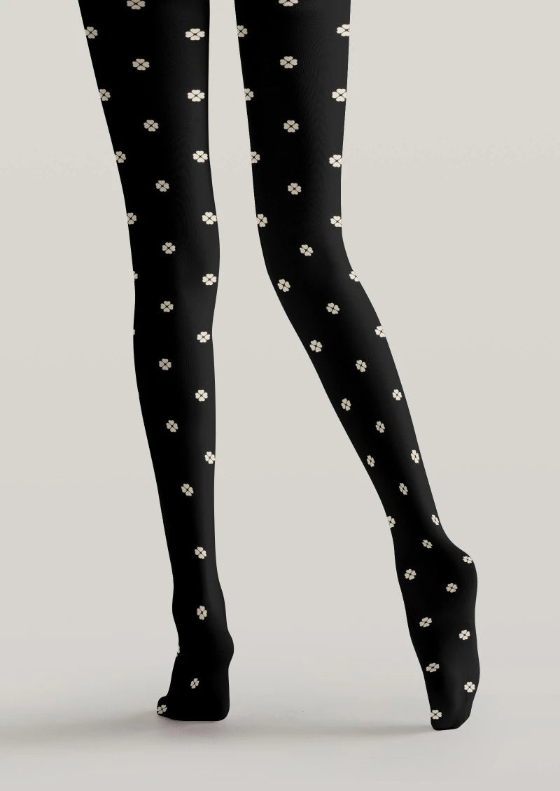 Black White Floral Polka Dot Tights Hosiery Pantyhose