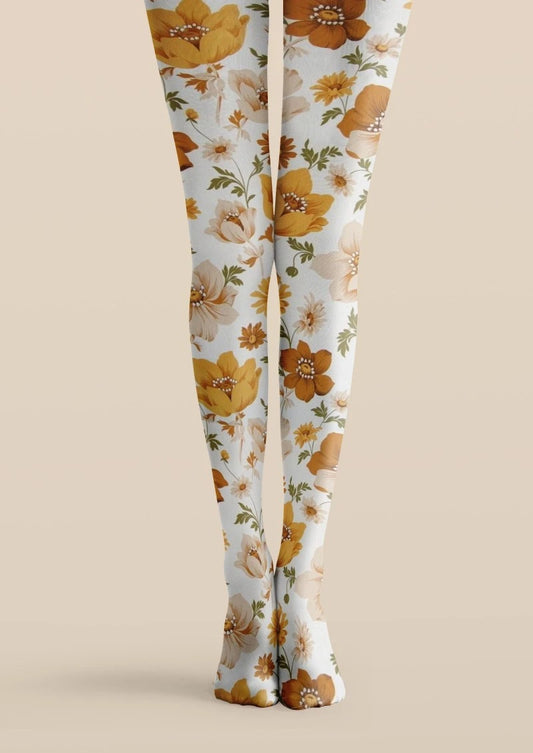 White Yellow Brown Floral Print Tights Hosiery Pantyhose