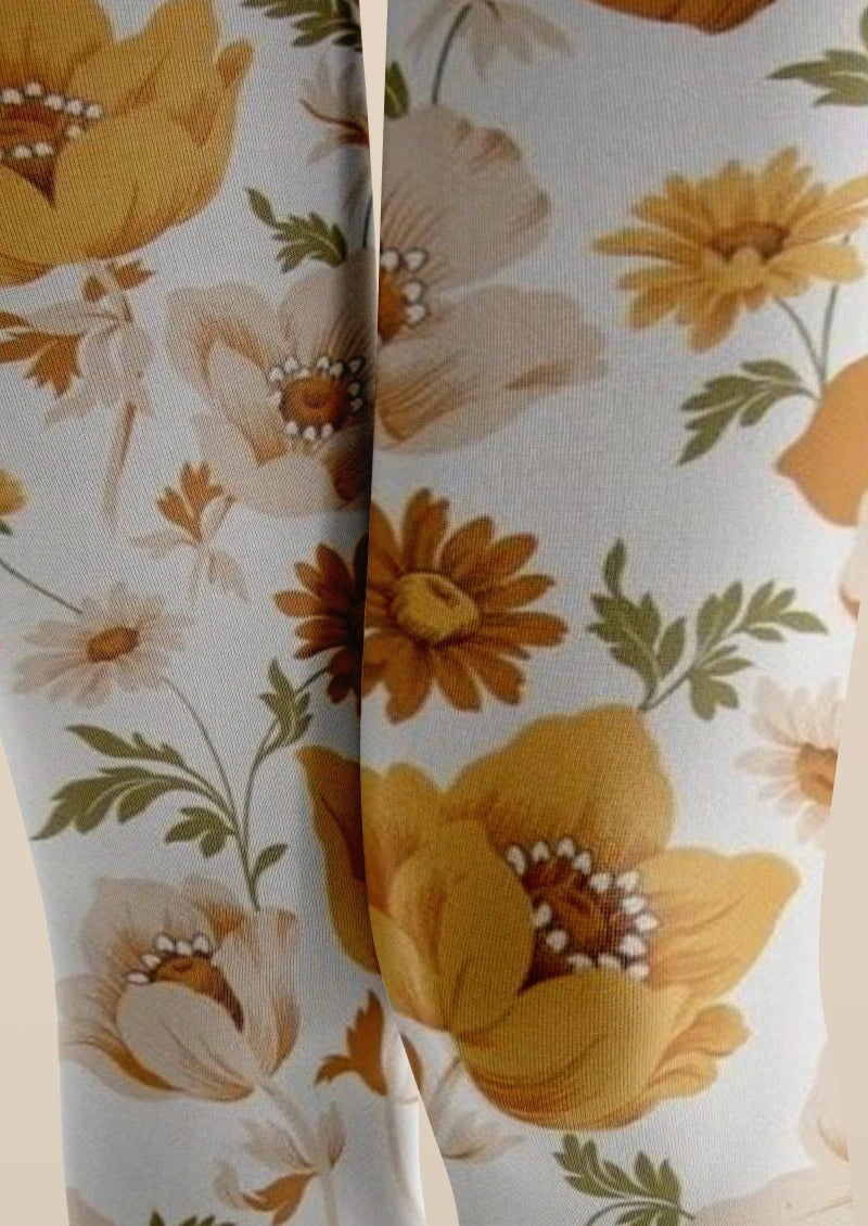 White Yellow Brown Floral Print Tights Hosiery Pantyhose
