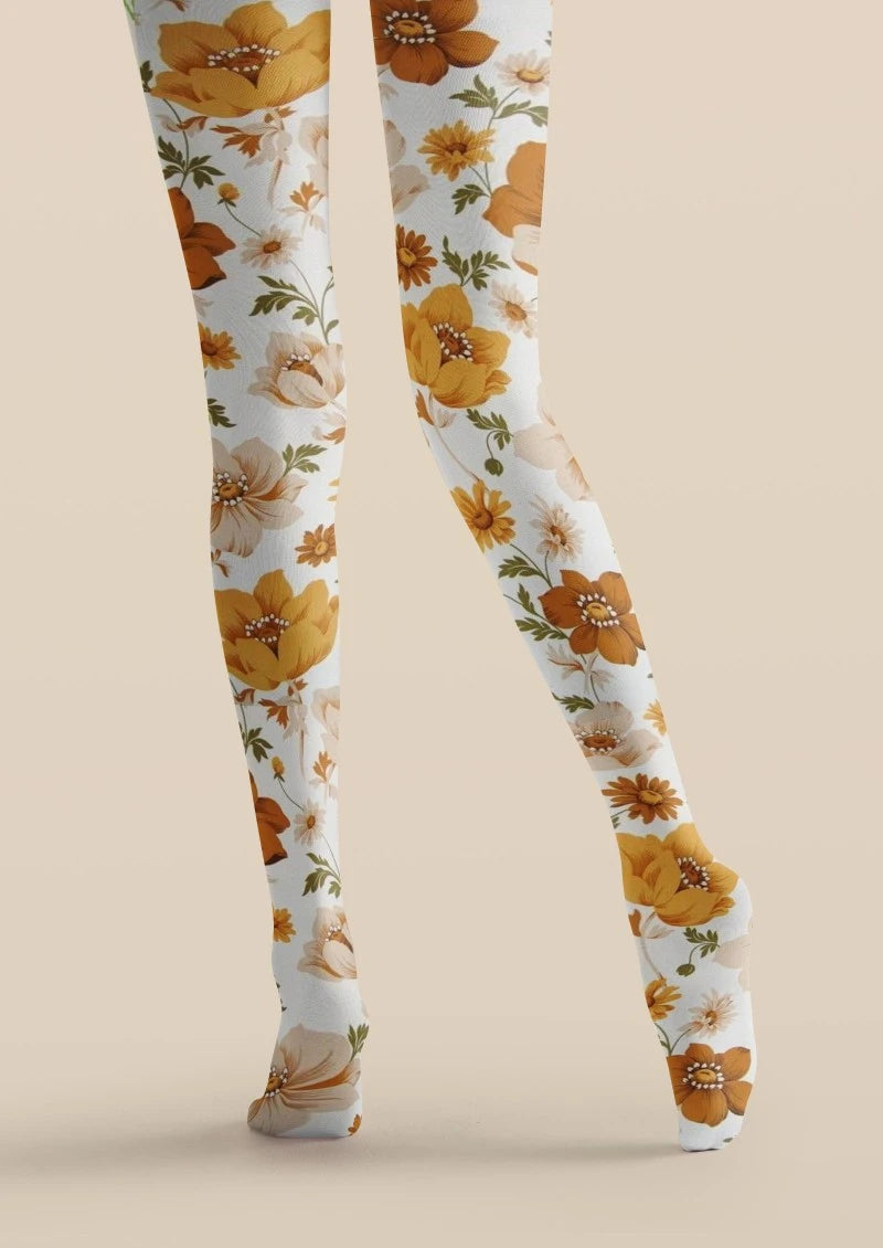 White Yellow Brown Floral Print Tights Hosiery Pantyhose