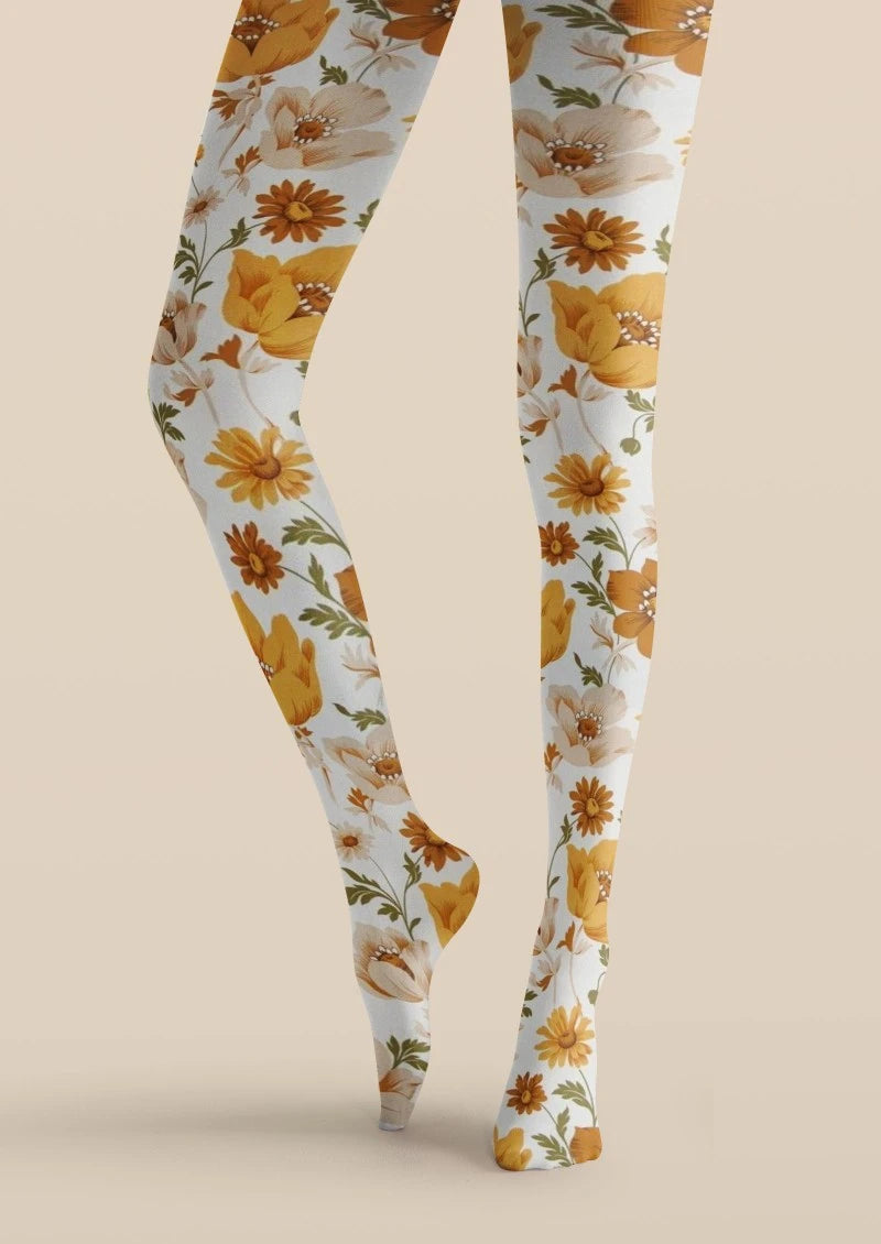 White Yellow Brown Floral Print Tights Hosiery Pantyhose