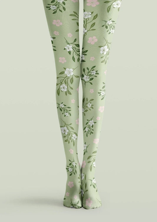 Green White Small Floral Print Tights Hosiery Pantyhose